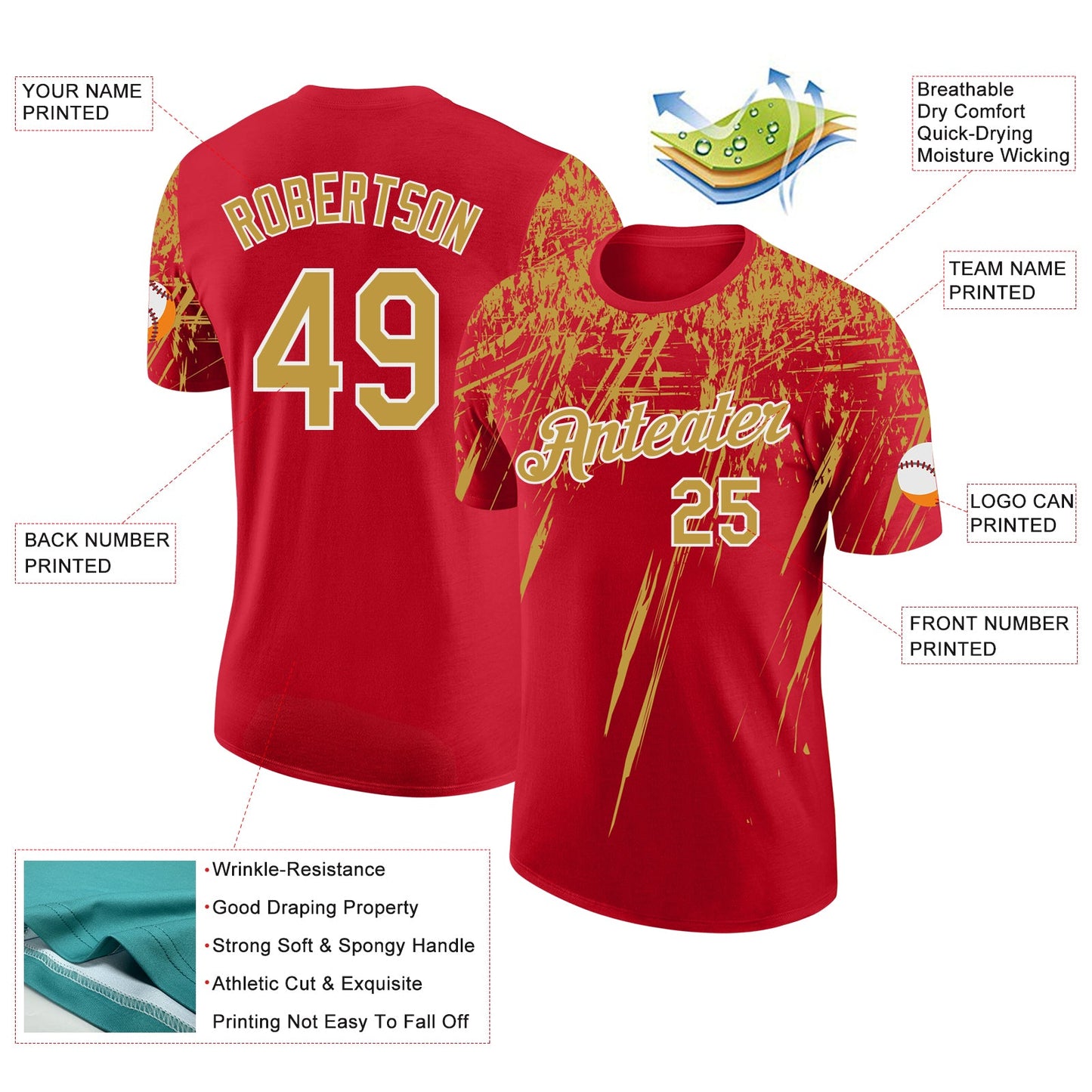 Custom Red Old Gold-White Distressed Scratch Brush Stroke Performance T-Shirt view 2
