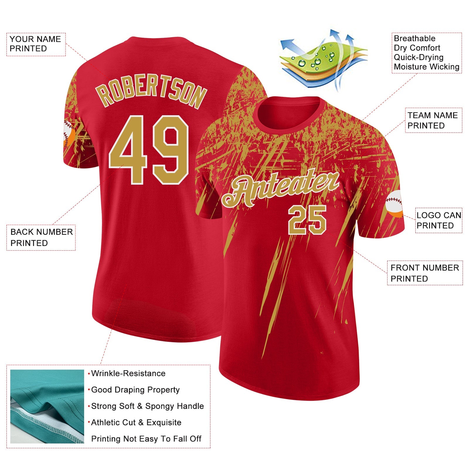 Custom Red Old Gold-White Distressed Scratch Brush Stroke Performance T-Shirt view 2