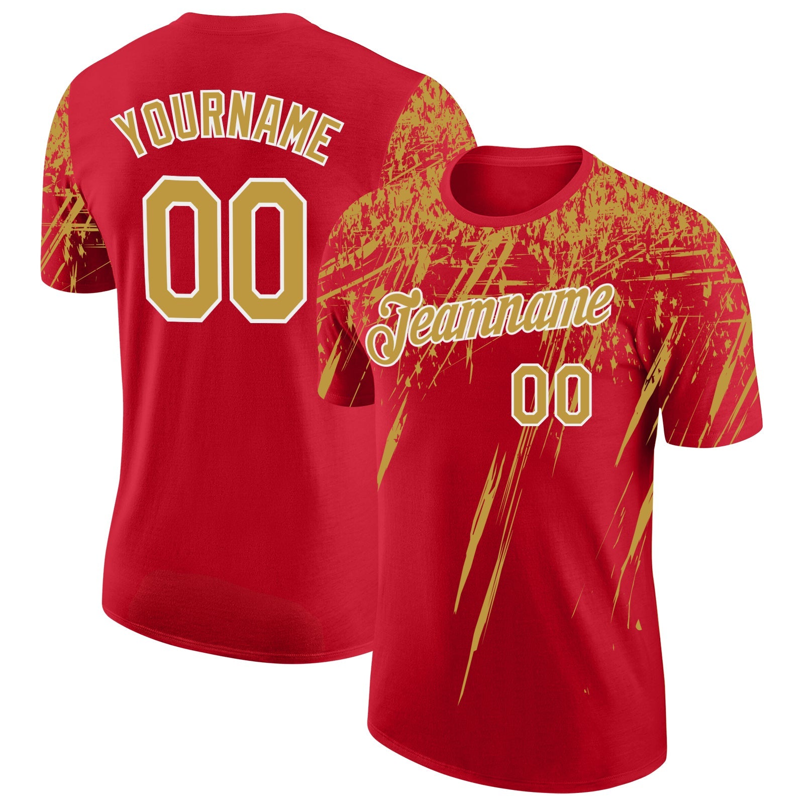 Custom Red Old Gold-White Distressed Scratch Brush Stroke Performance T-Shirt - Main View