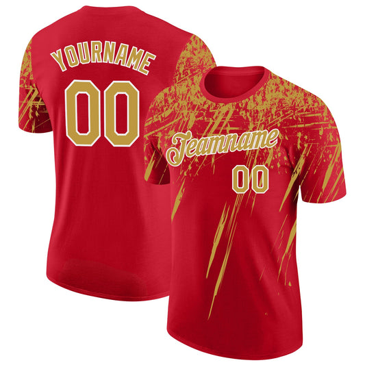 Custom Red Old Gold-White Distressed Scratch Brush Stroke Performance T-Shirt - Main View