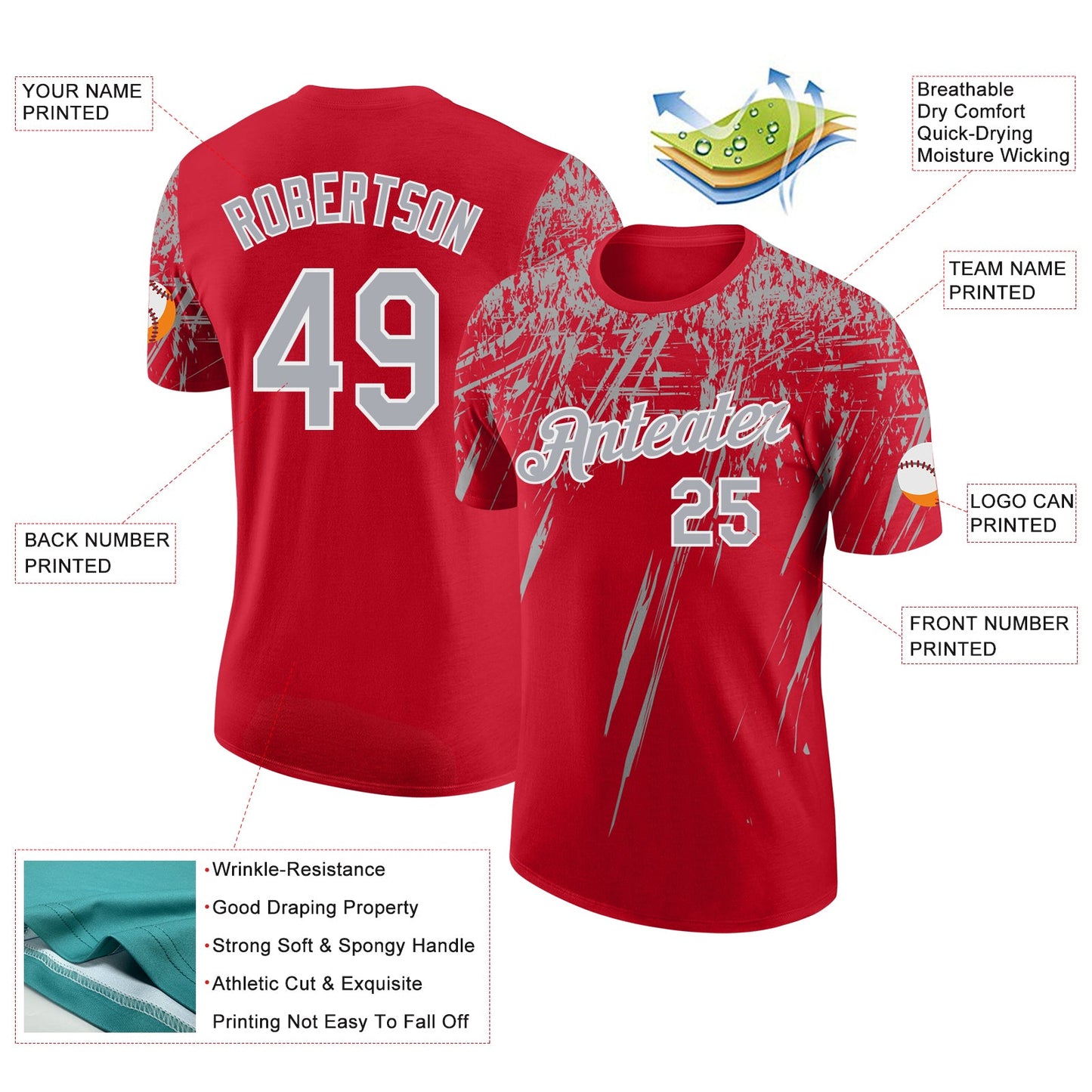 Custom Red Gray-White Distressed Scratch Brush Stroke Performance T-Shirt view 2