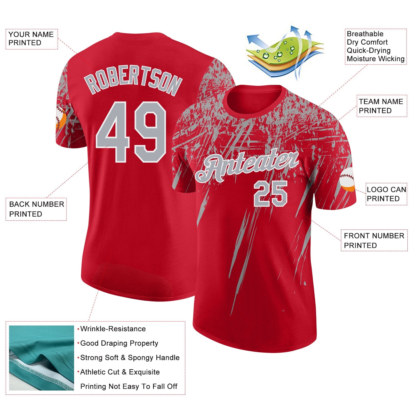 Custom Red Gray-White Distressed Scratch Brush Stroke Performance T-Shirt view 2