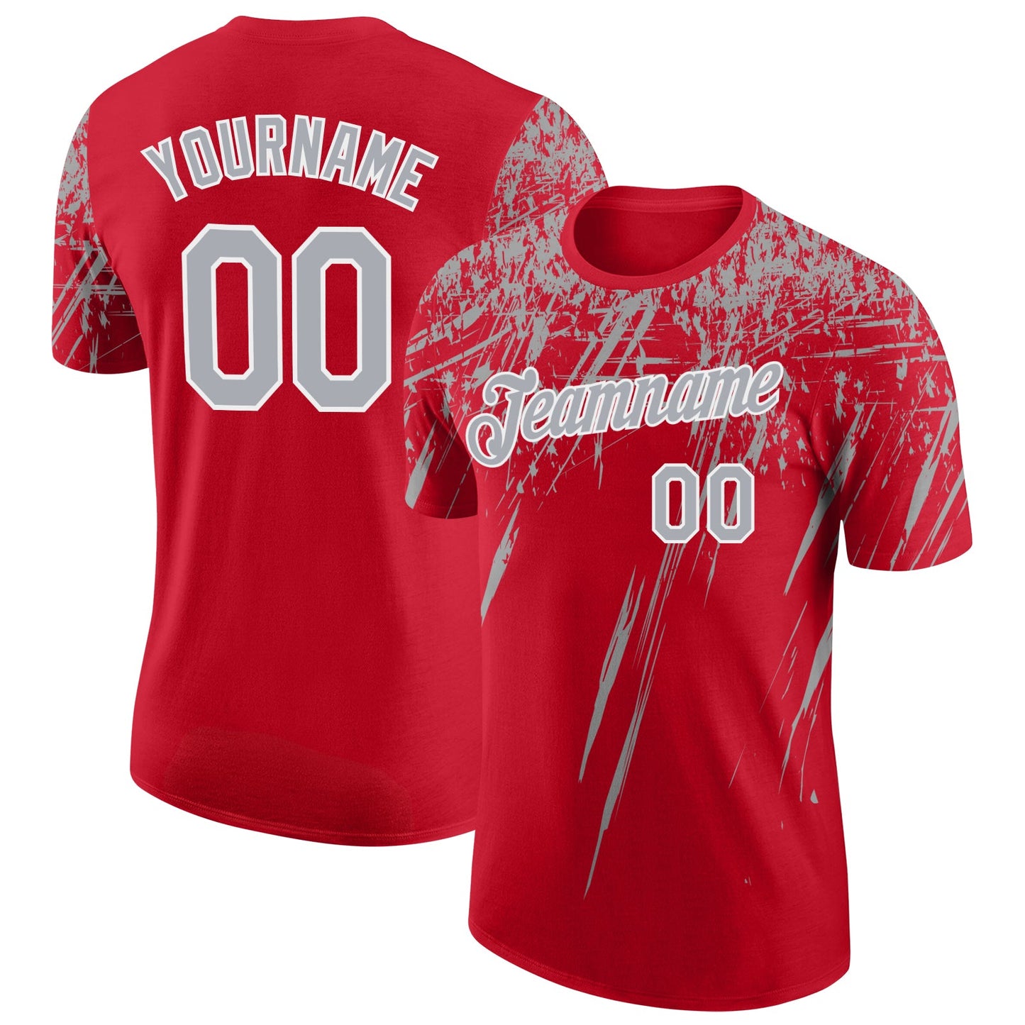 Custom Red Gray-White Distressed Scratch Brush Stroke Performance T-Shirt - Main View