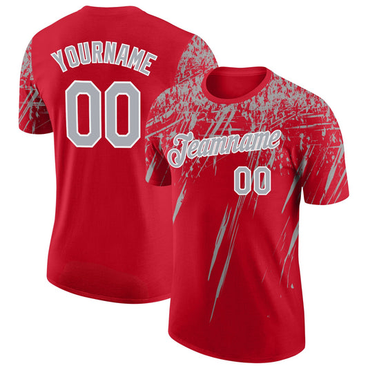 Custom Red Gray-White Distressed Scratch Brush Stroke Performance T-Shirt - Main View