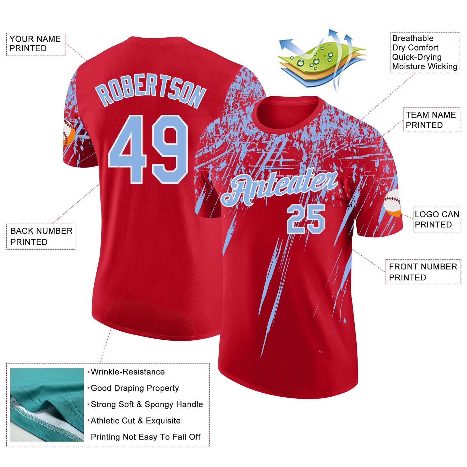 Custom Red Light Blue-White Distressed Scratch Brush Stroke Performance T-Shirt view 2