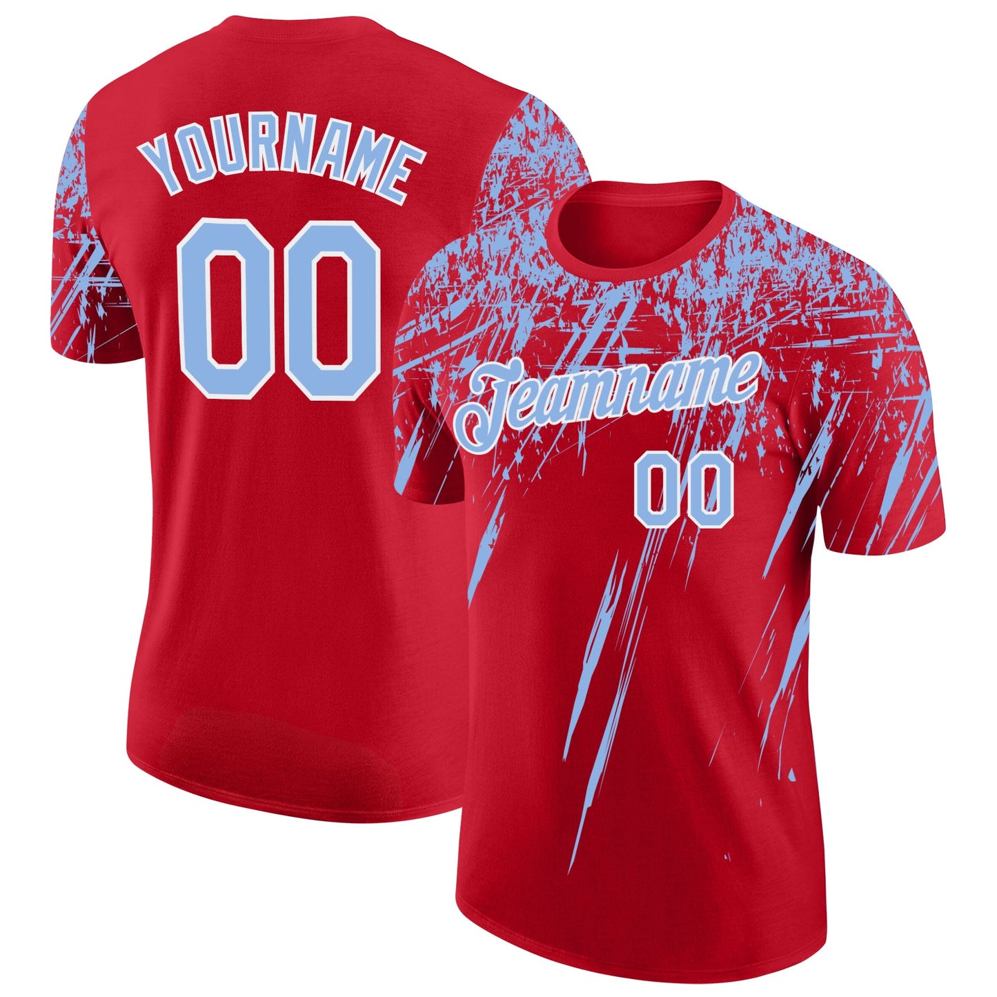 Custom Red Light Blue-White Distressed Scratch Brush Stroke Performance T-Shirt - Main View