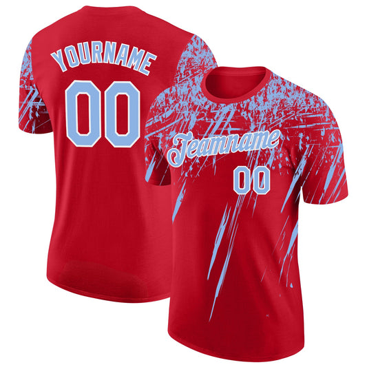 Custom Red Light Blue-White Distressed Scratch Brush Stroke Performance T-Shirt - Main View