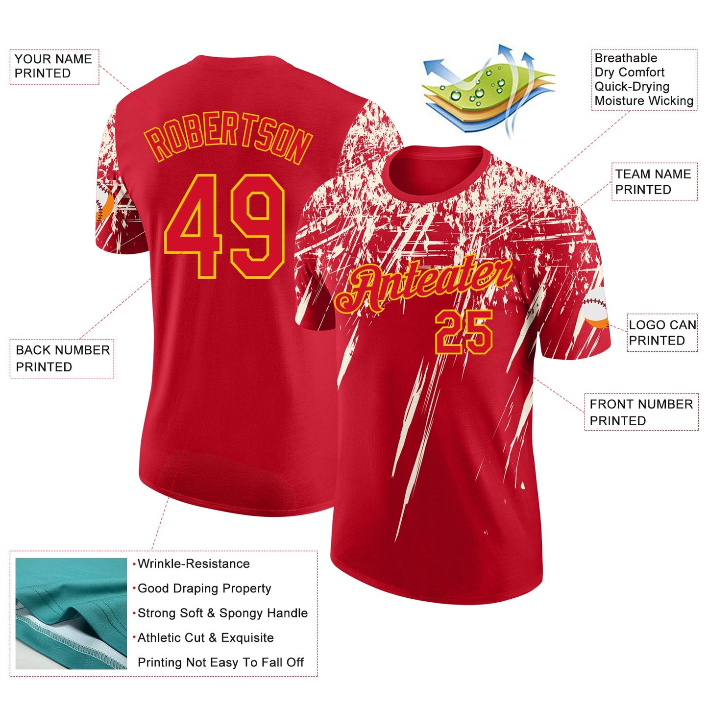 Custom Red Cream-Yellow Distressed Scratch Brush Stroke Performance T-Shirt view 2