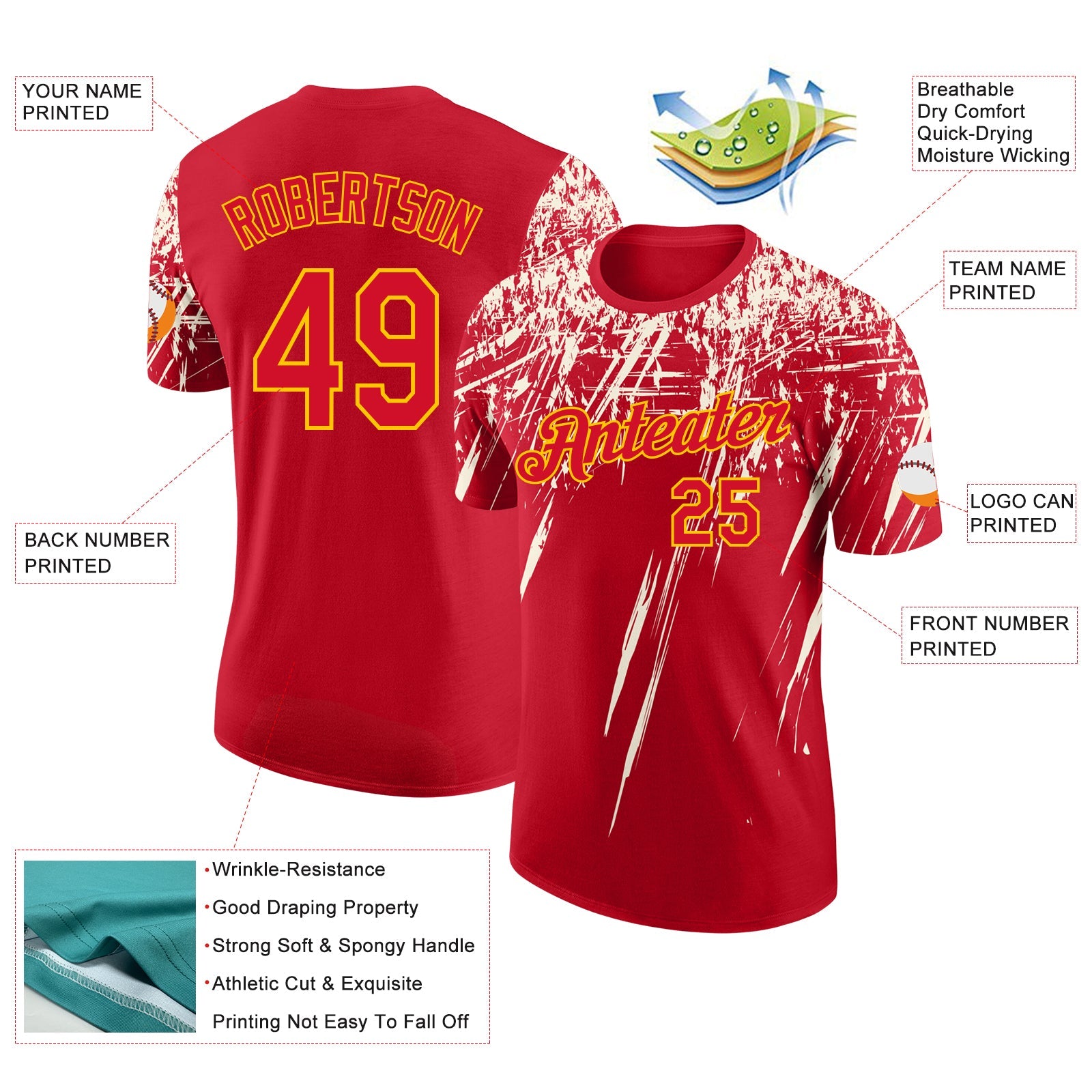 Custom Red Cream-Yellow Distressed Scratch Brush Stroke Performance T-Shirt view 2