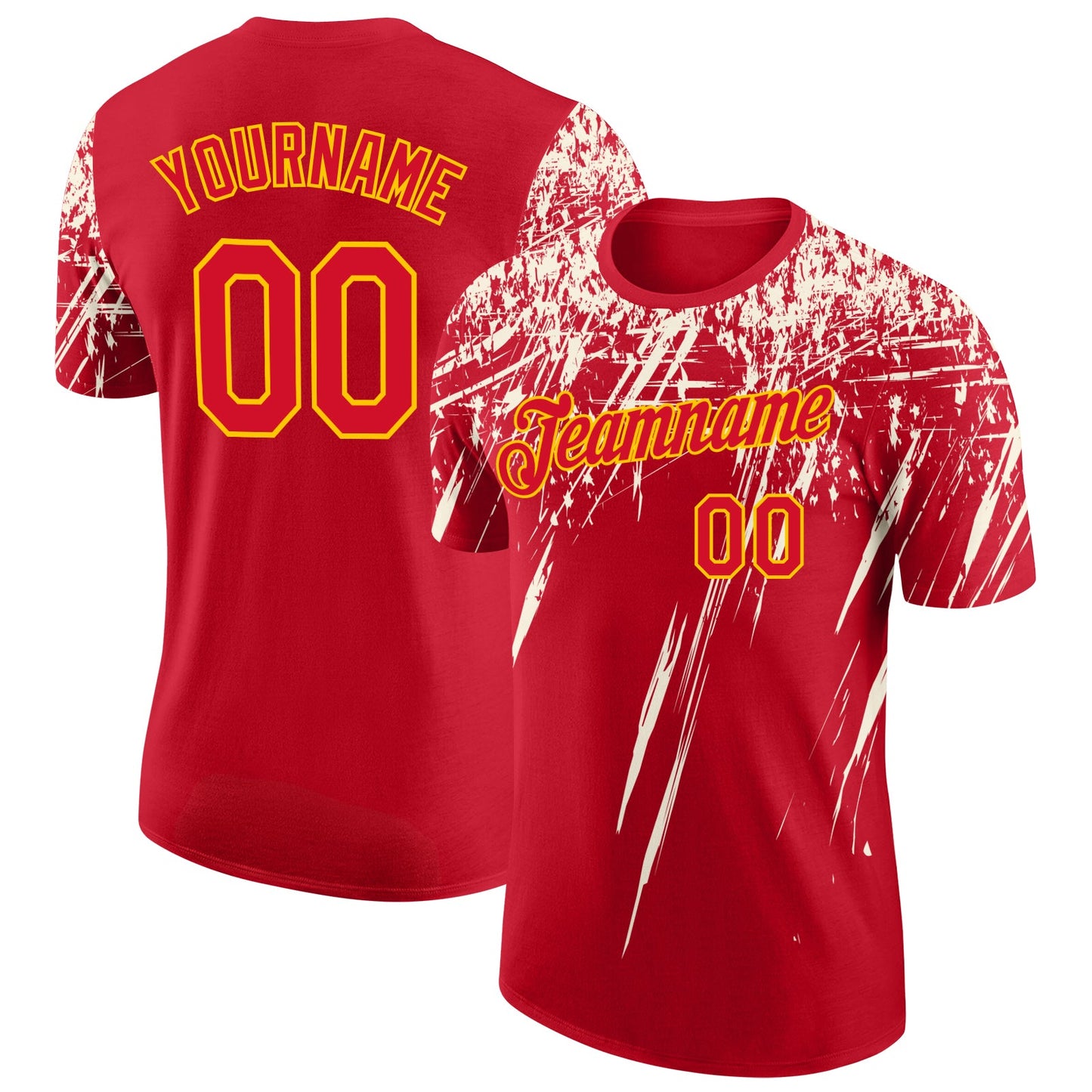 Custom Red Cream-Yellow Distressed Scratch Brush Stroke Performance T-Shirt - Main View