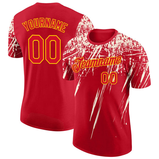 Custom Red Cream-Yellow Distressed Scratch Brush Stroke Performance T-Shirt - Main View