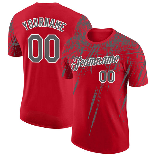 Custom Red Steel Gray-White Distressed Scratch Brush Stroke Performance T-Shirt - Main View