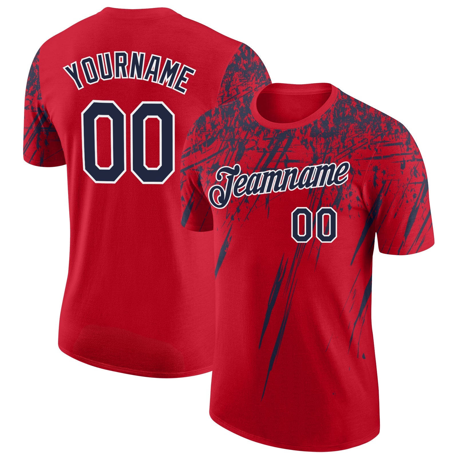 Custom Red Navy-White Distressed Scratch Brush Stroke Performance T-Shirt - Main View