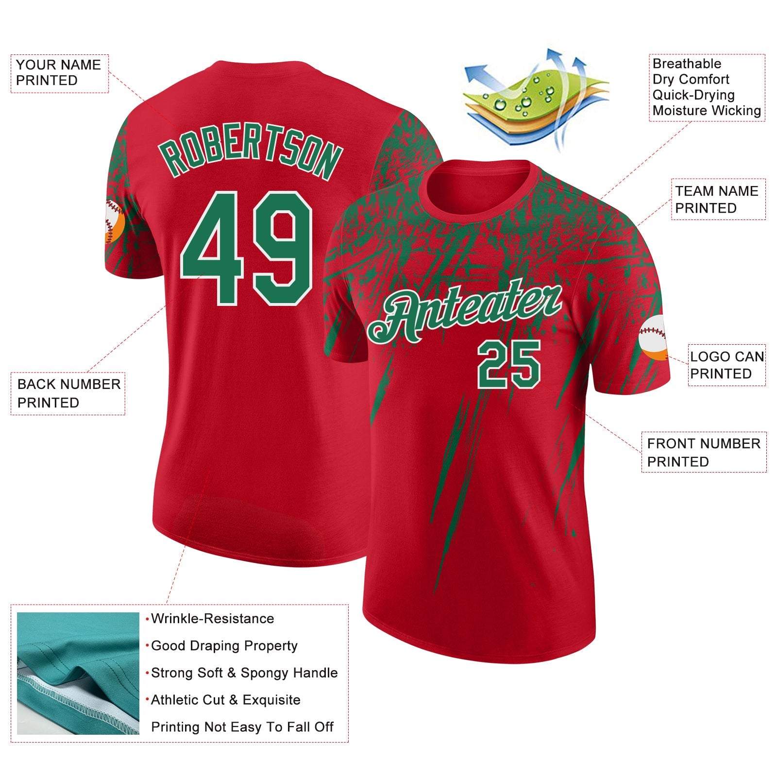 Custom Red Kelly Green-White Distressed Scratch Brush Stroke Performance T-Shirt view 2