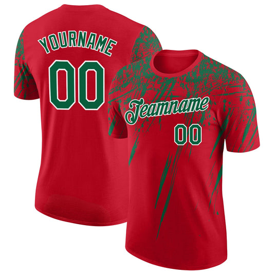Custom Red Kelly Green-White Distressed Scratch Brush Stroke Performance T-Shirt - Main View