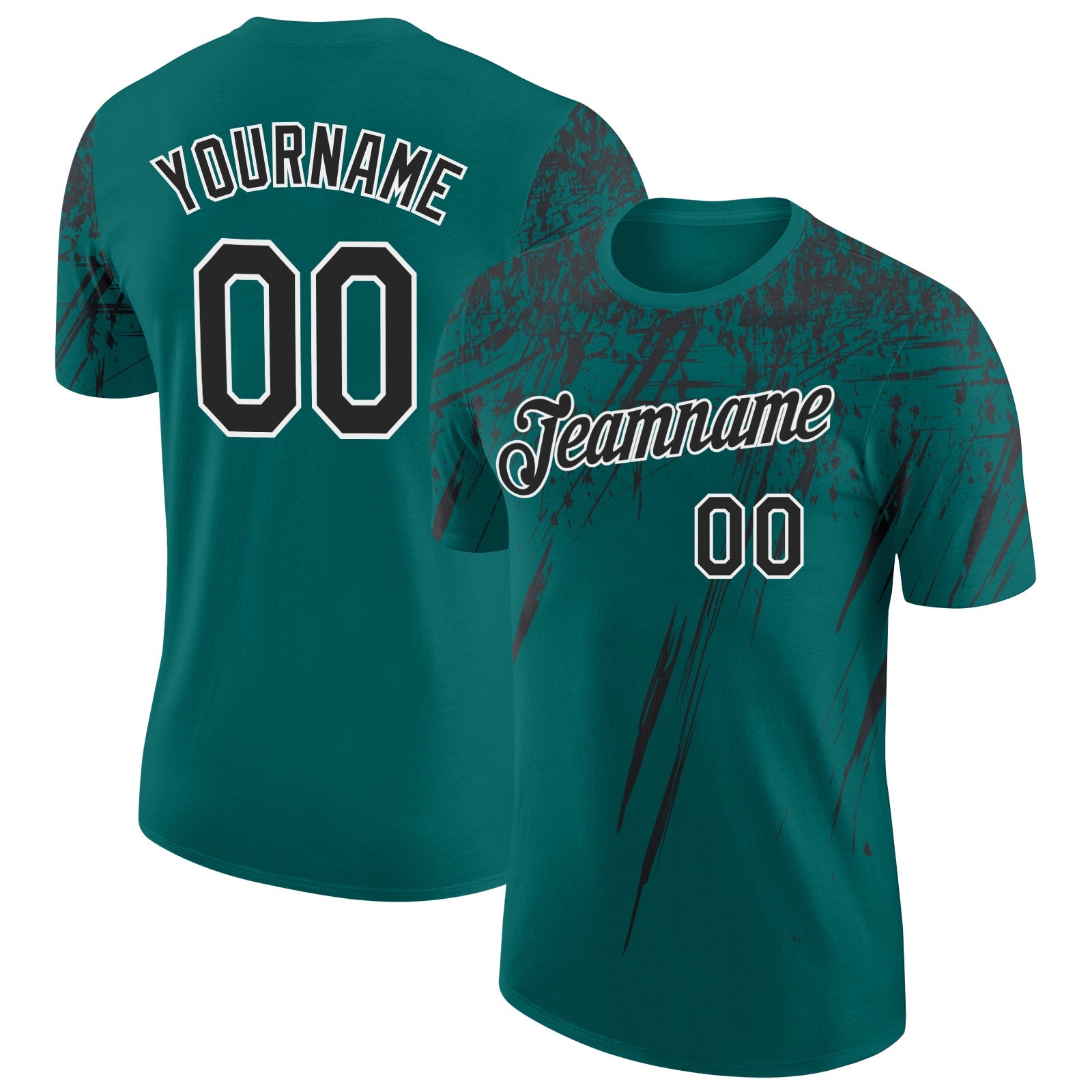 Custom Teal Black-White Distressed Scratch Brush Stroke Performance T-Shirt - Main View