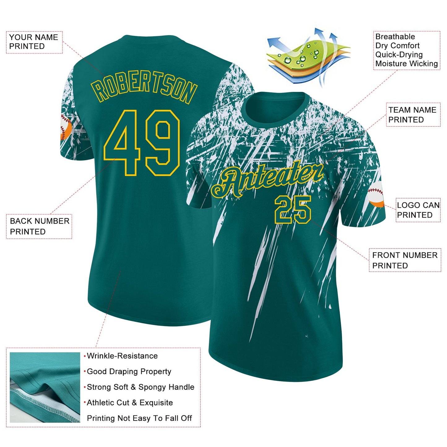 Custom Teal White-Yellow Distressed Scratch Brush Stroke Performance T-Shirt view 2