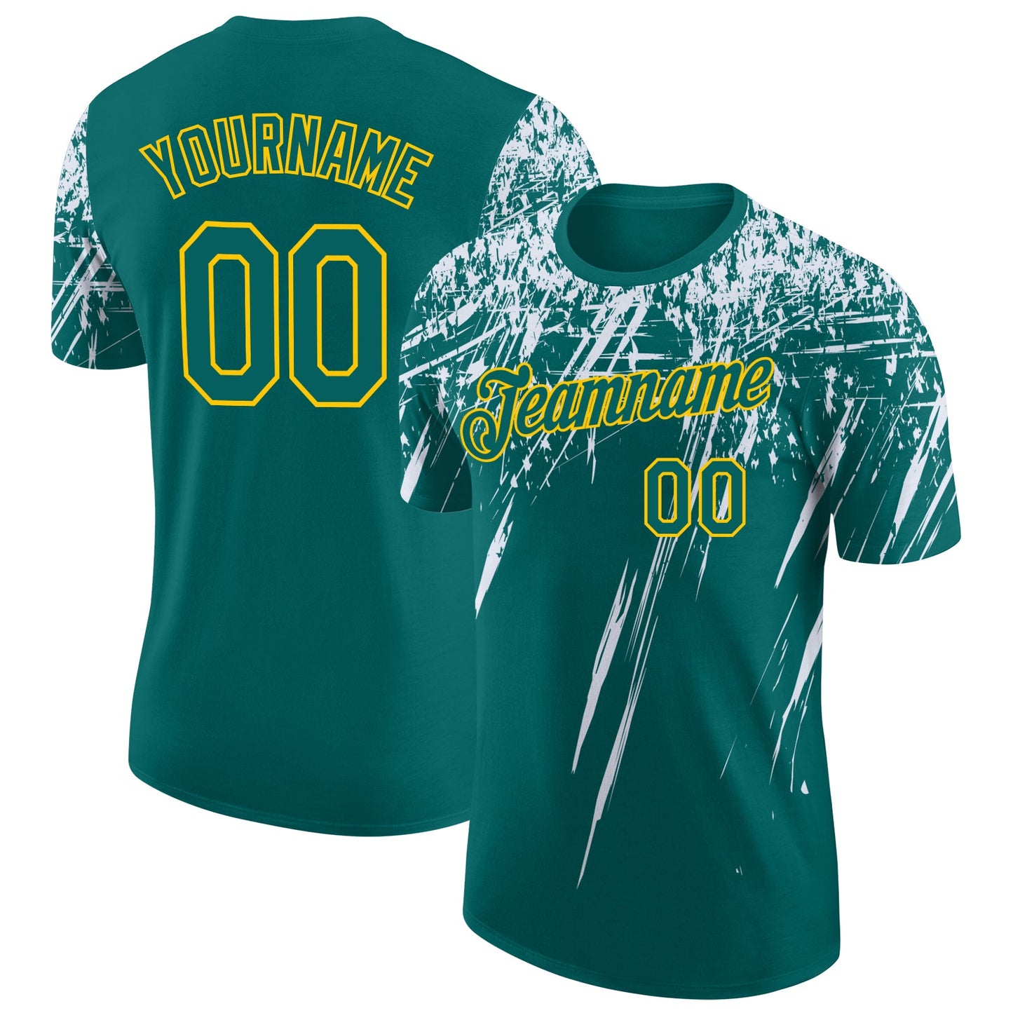 Custom Teal White-Yellow Distressed Scratch Brush Stroke Performance T-Shirt - Main View