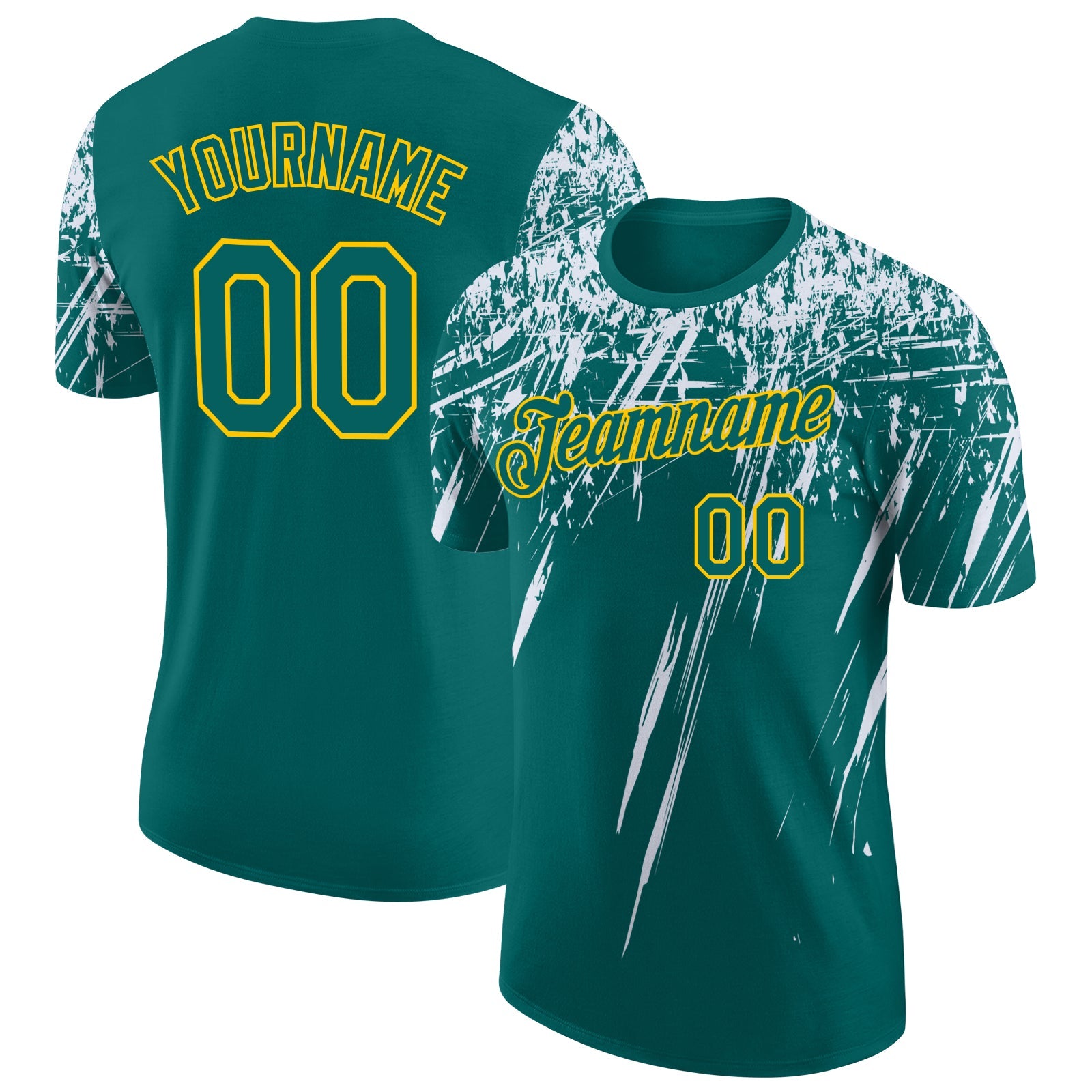 Custom Teal White-Yellow Distressed Scratch Brush Stroke Performance T-Shirt - Main View