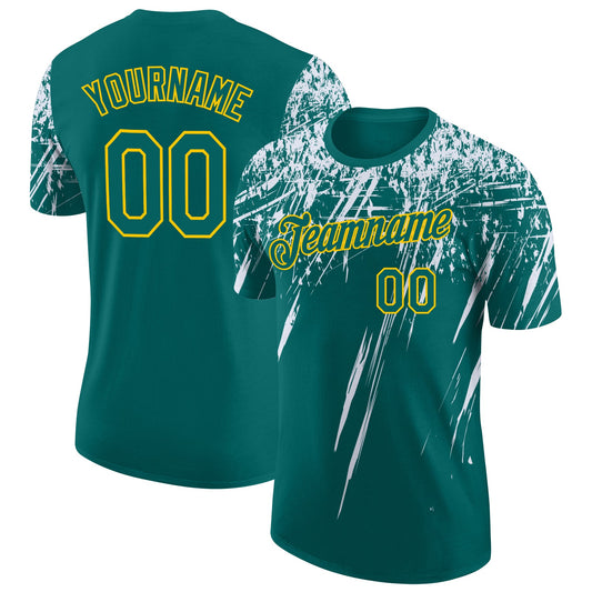 Custom Teal White-Yellow Distressed Scratch Brush Stroke Performance T-Shirt - Main View