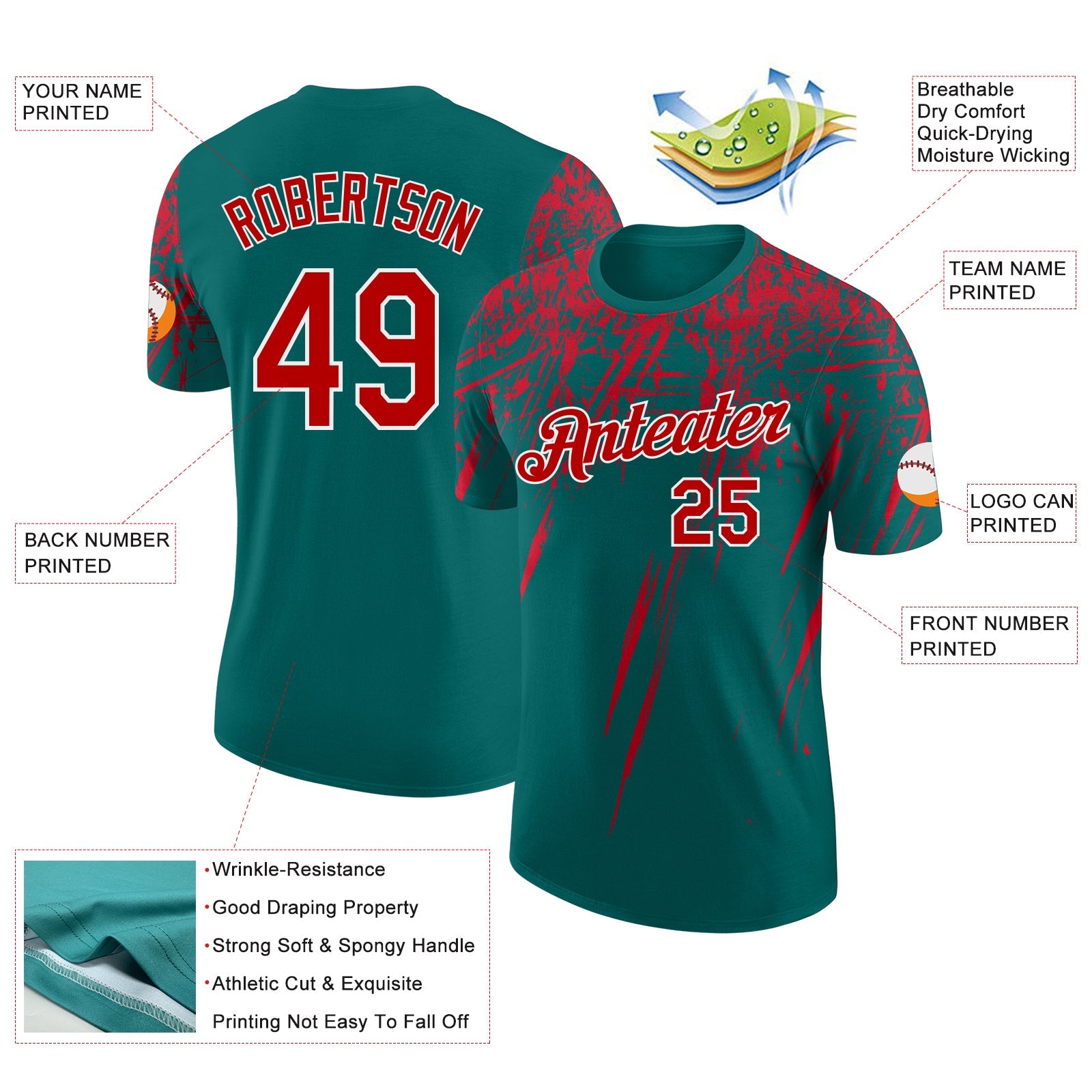 Custom Teal Red-White Distressed Scratch Brush Stroke Performance T-Shirt view 2