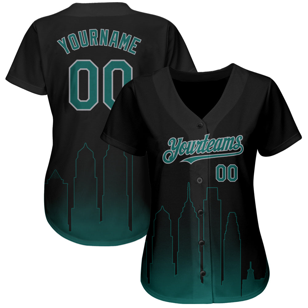 Custom Black Midnight Green-Gray 3D Philadelphia City Edition Fade Fashion Authentic Baseball Jersey view 2