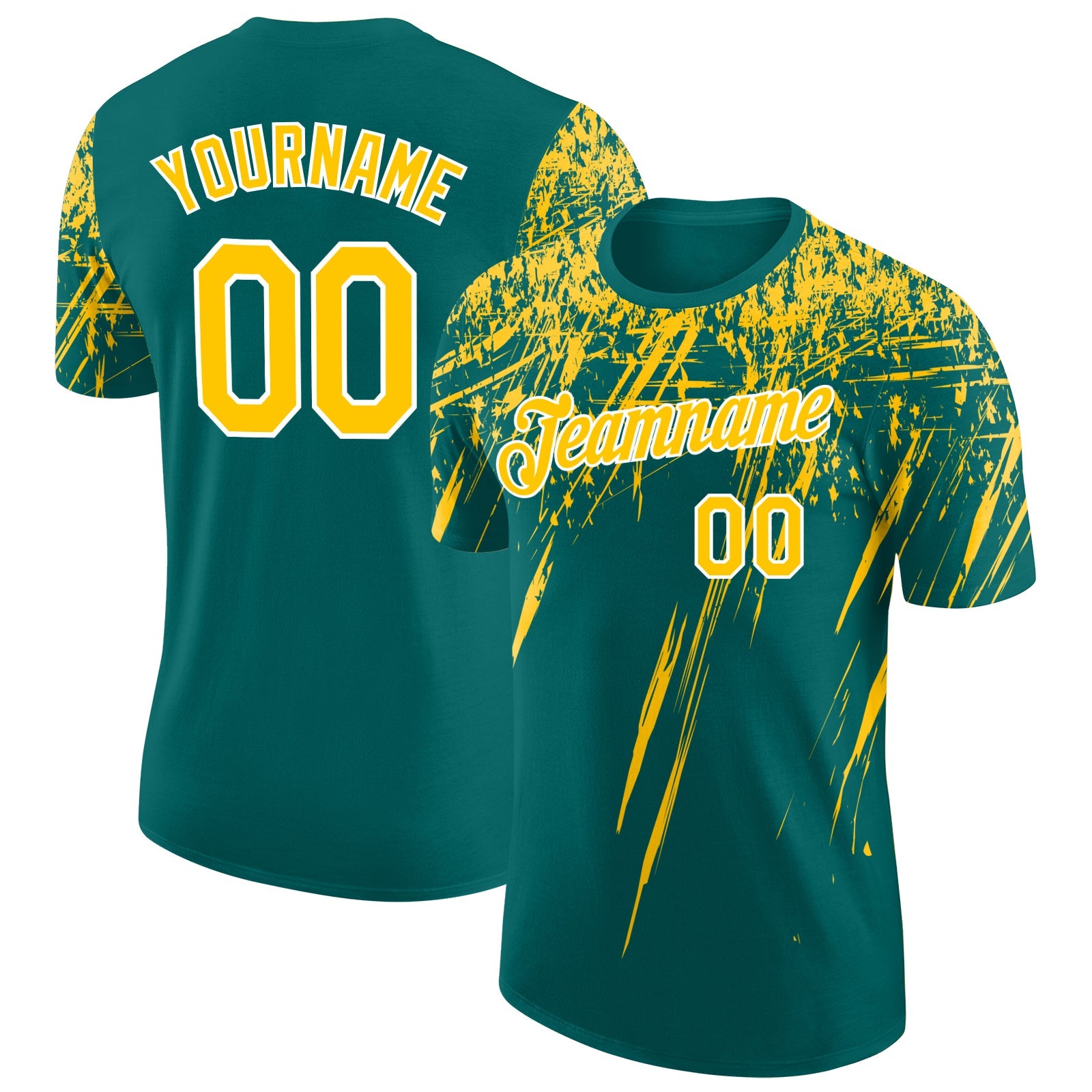 Custom Teal Yellow-White Distressed Scratch Brush Stroke Performance T-Shirt - Main View
