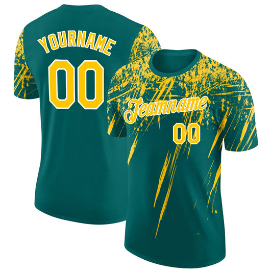 Custom Teal Yellow-White Distressed Scratch Brush Stroke Performance T-Shirt - Main View