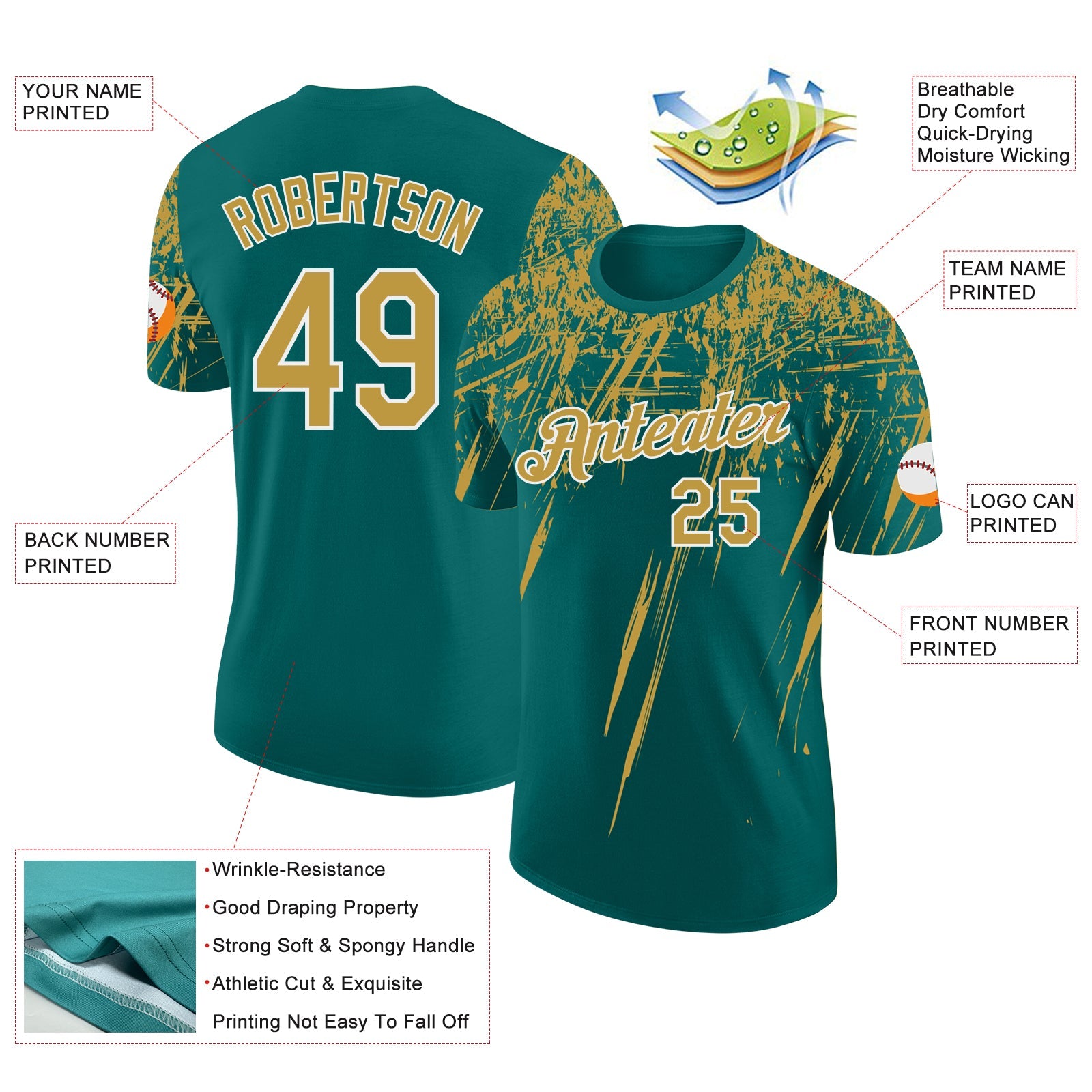 Custom Teal Old Gold-White Distressed Scratch Brush Stroke Performance T-Shirt view 2