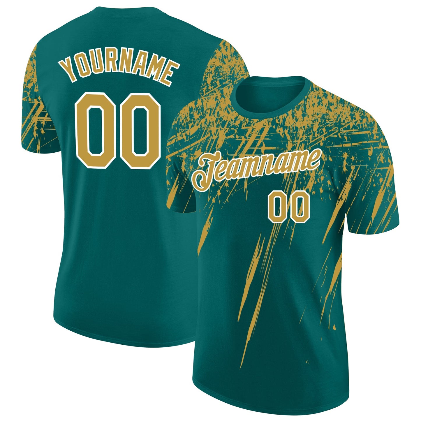 Custom Teal Old Gold-White Distressed Scratch Brush Stroke Performance T-Shirt - Main View
