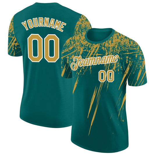 Custom Teal Old Gold-White Distressed Scratch Brush Stroke Performance T-Shirt - Main View