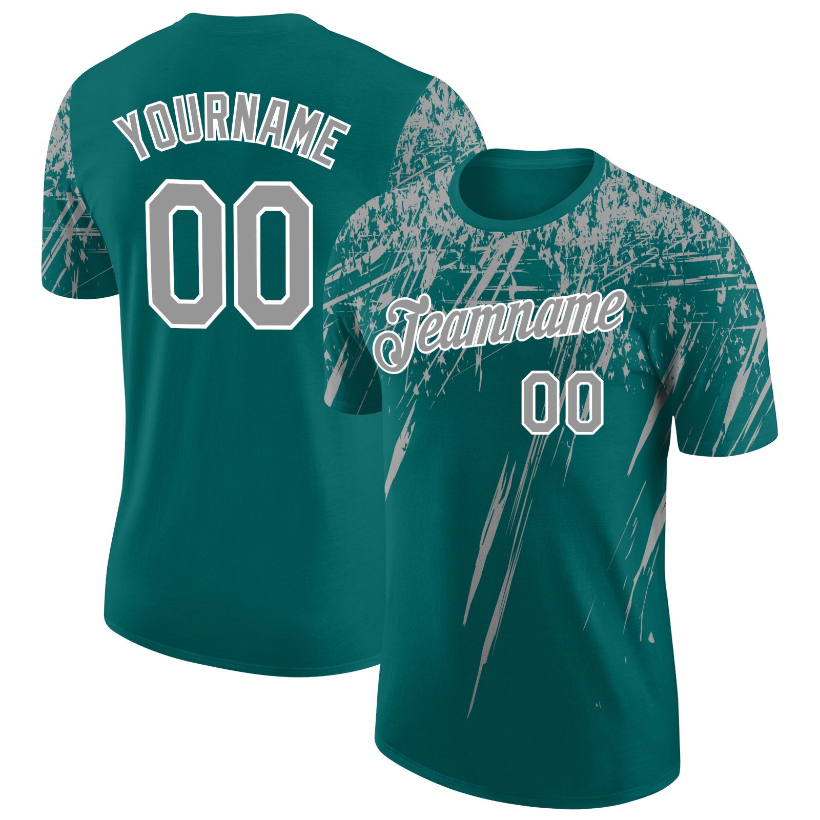 Custom Teal Gray-White Distressed Scratch Brush Stroke Performance T-Shirt - Main View