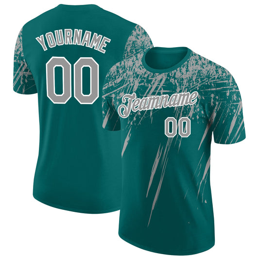 Custom Teal Gray-White Distressed Scratch Brush Stroke Performance T-Shirt - Main View
