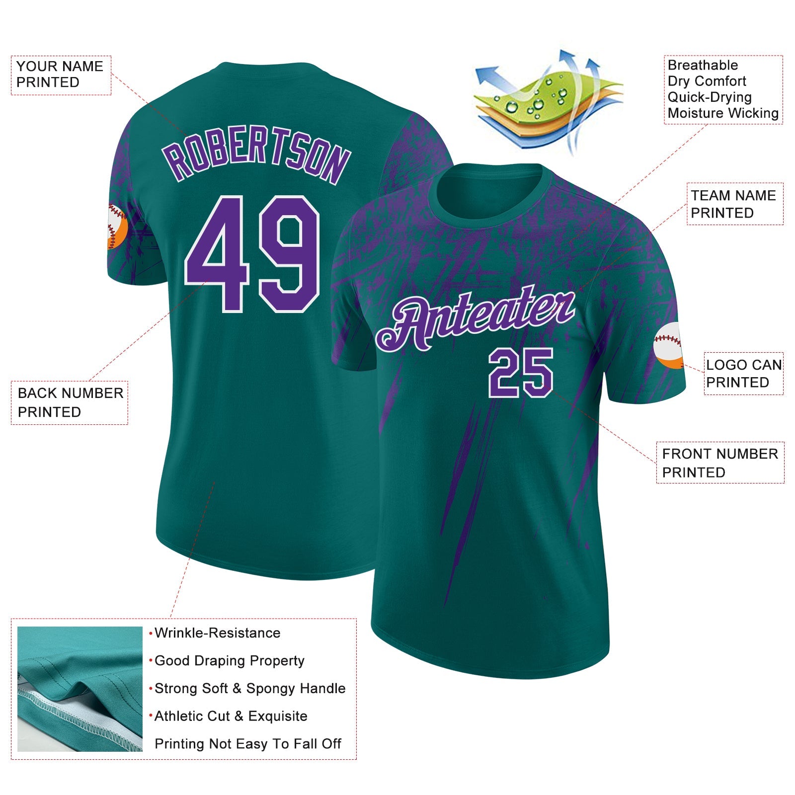 Custom Teal Purple-White Distressed Scratch Brush Stroke Performance T-Shirt view 2