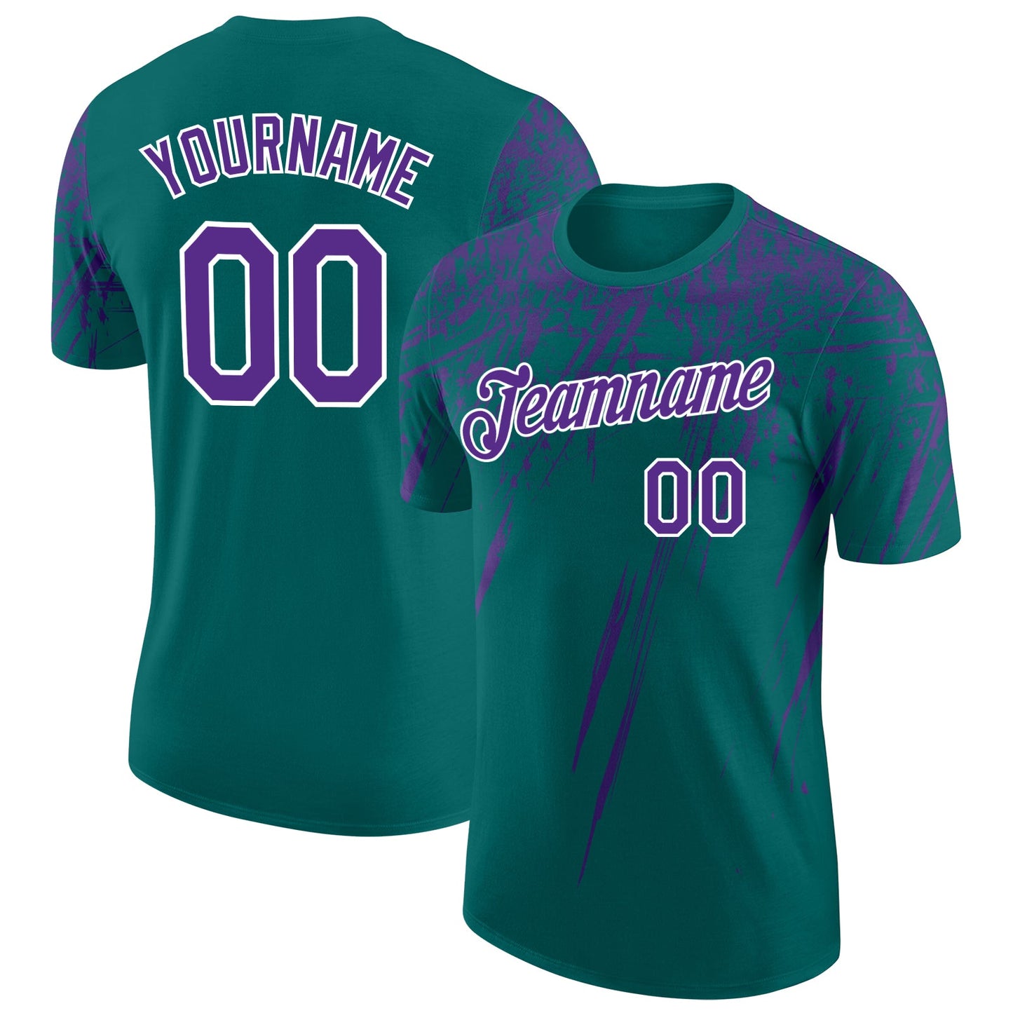 Custom Teal Purple-White Distressed Scratch Brush Stroke Performance T-Shirt - Main View