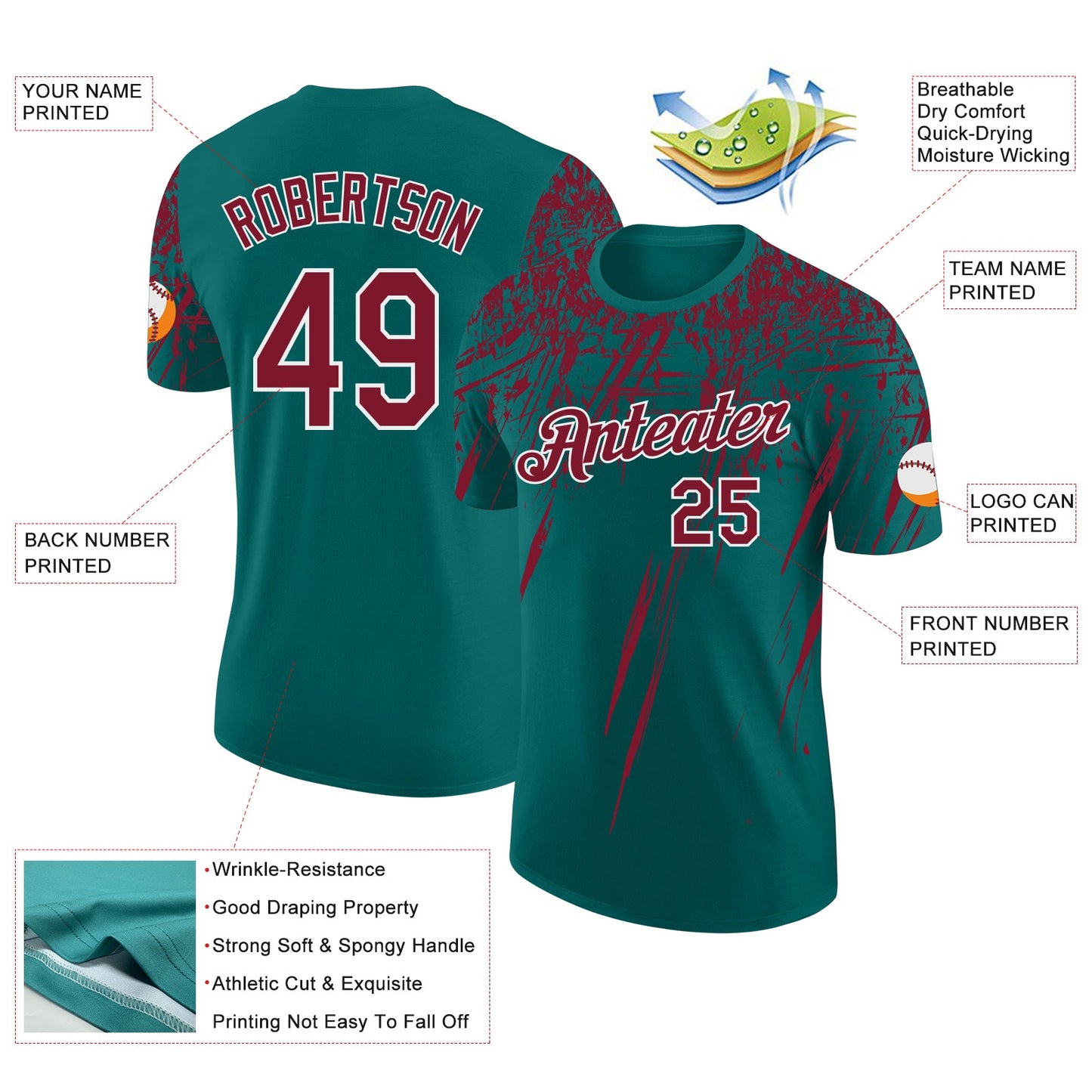 Custom Teal Crimson-White Distressed Scratch Brush Stroke Performance T-Shirt view 2