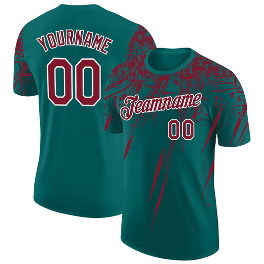 Custom Teal Crimson-White Distressed Scratch Brush Stroke Performance T-Shirt - Main View