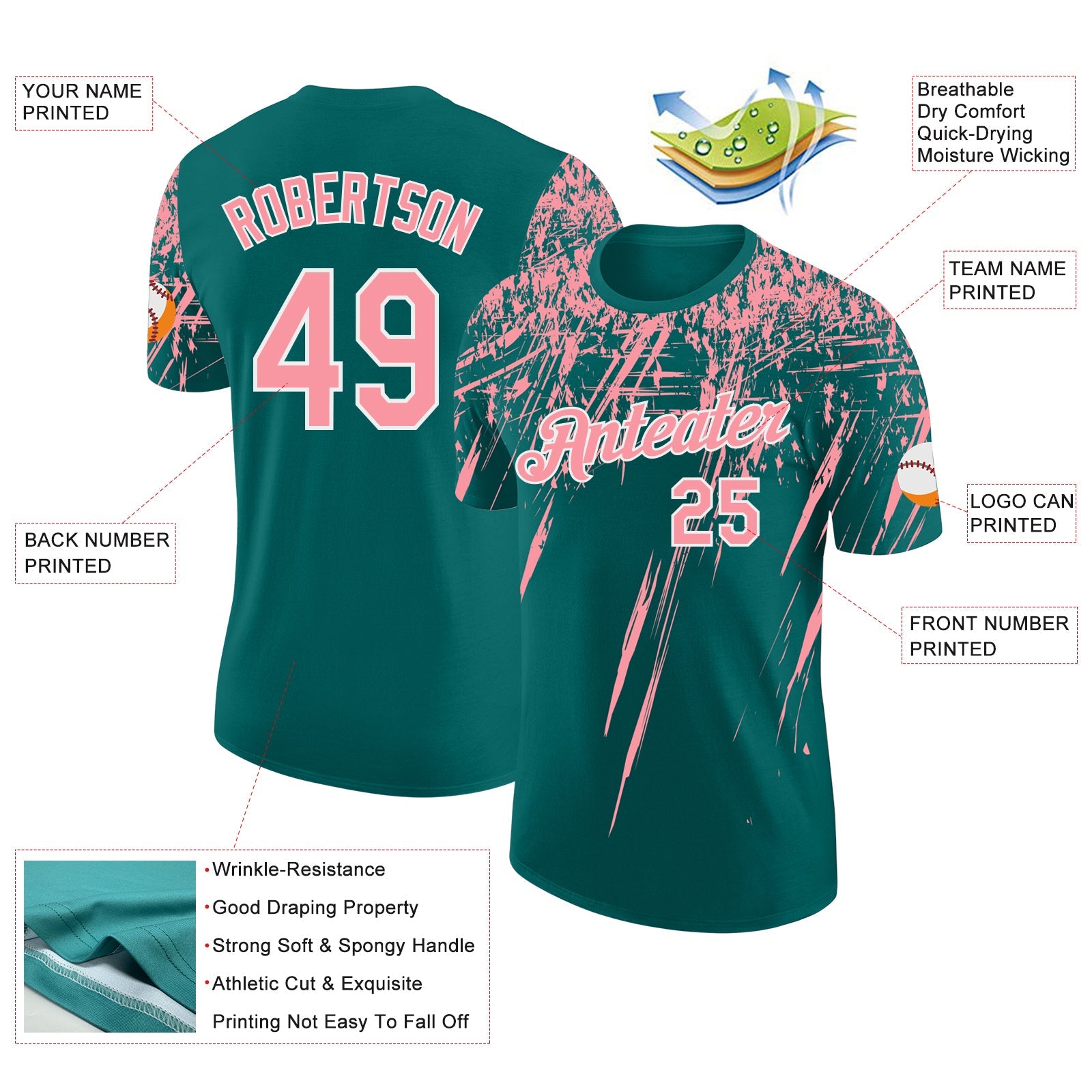 Custom Teal Medium Pink-White Distressed Scratch Brush Stroke Performance T-Shirt view 2
