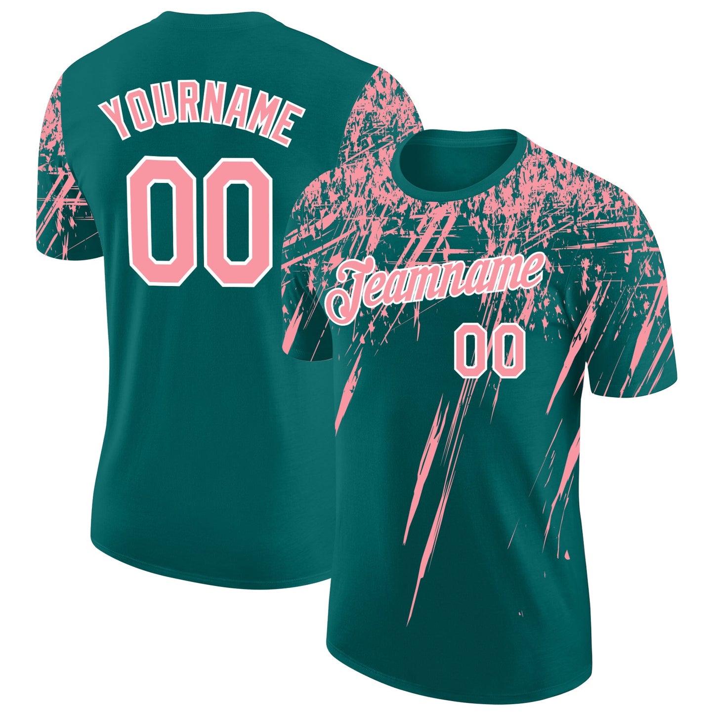 Custom Teal Medium Pink-White Distressed Scratch Brush Stroke Performance T-Shirt - Main View