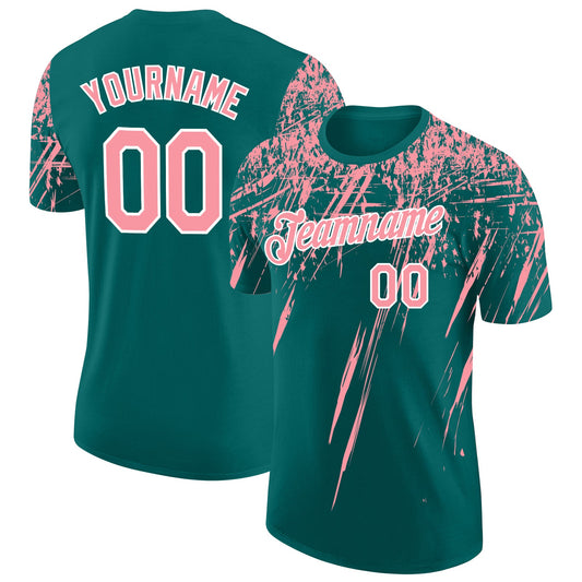Custom Teal Medium Pink-White Distressed Scratch Brush Stroke Performance T-Shirt - Main View