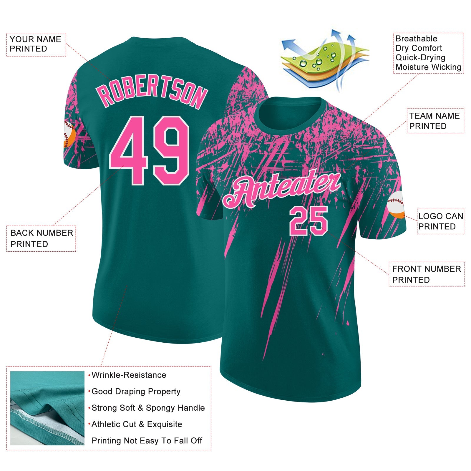 Custom Teal Pink-White Distressed Scratch Brush Stroke Performance T-Shirt view 2