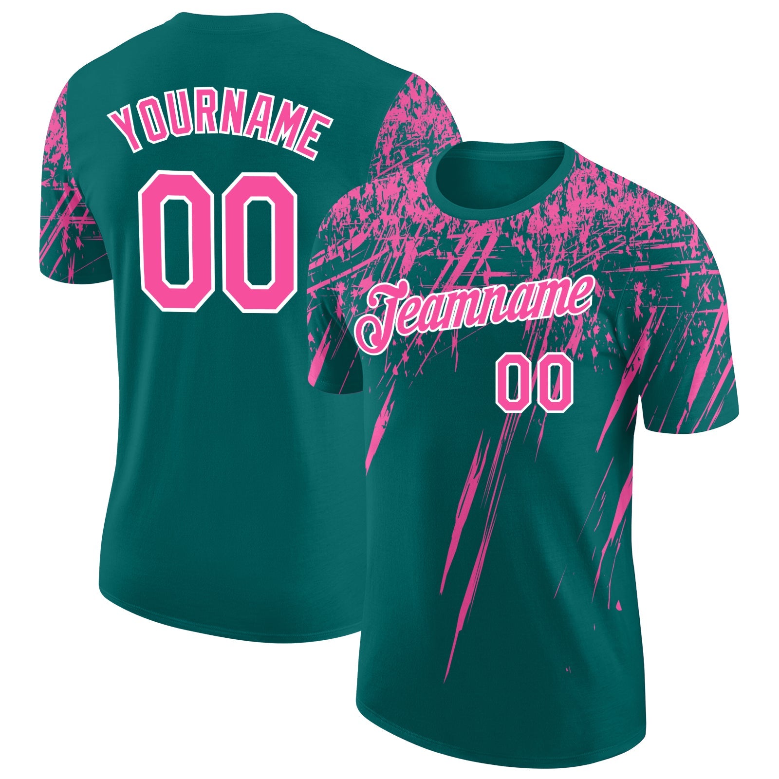 Custom Teal Pink-White Distressed Scratch Brush Stroke Performance T-Shirt - Main View