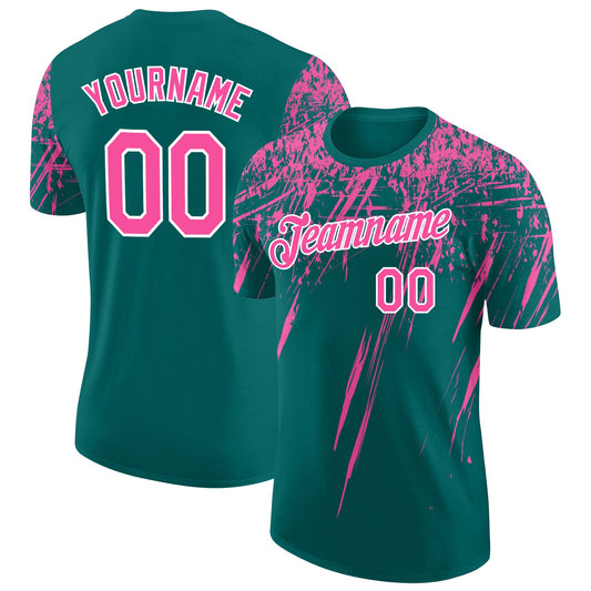 Custom Teal Pink-White Distressed Scratch Brush Stroke Performance T-Shirt - Main View