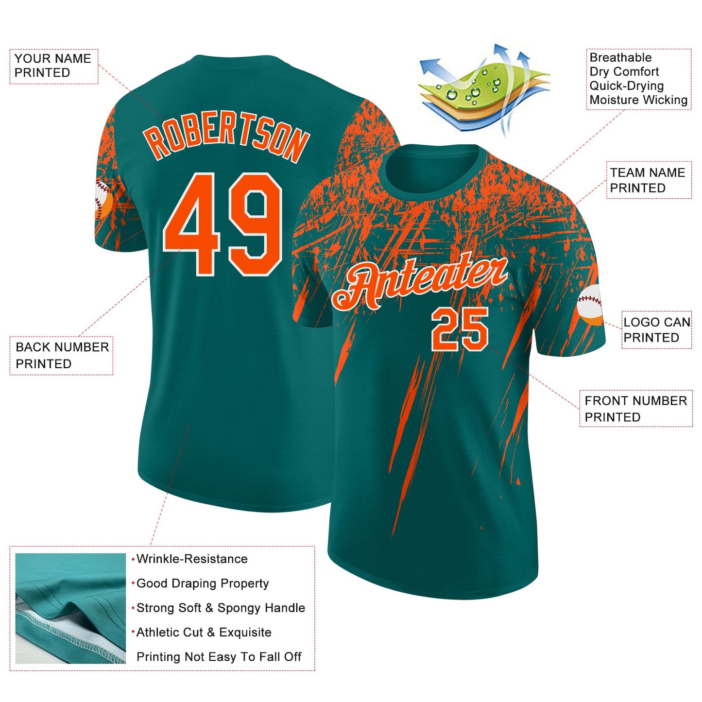 Custom Teal Orange-White Distressed Scratch Brush Stroke Performance T-Shirt view 2