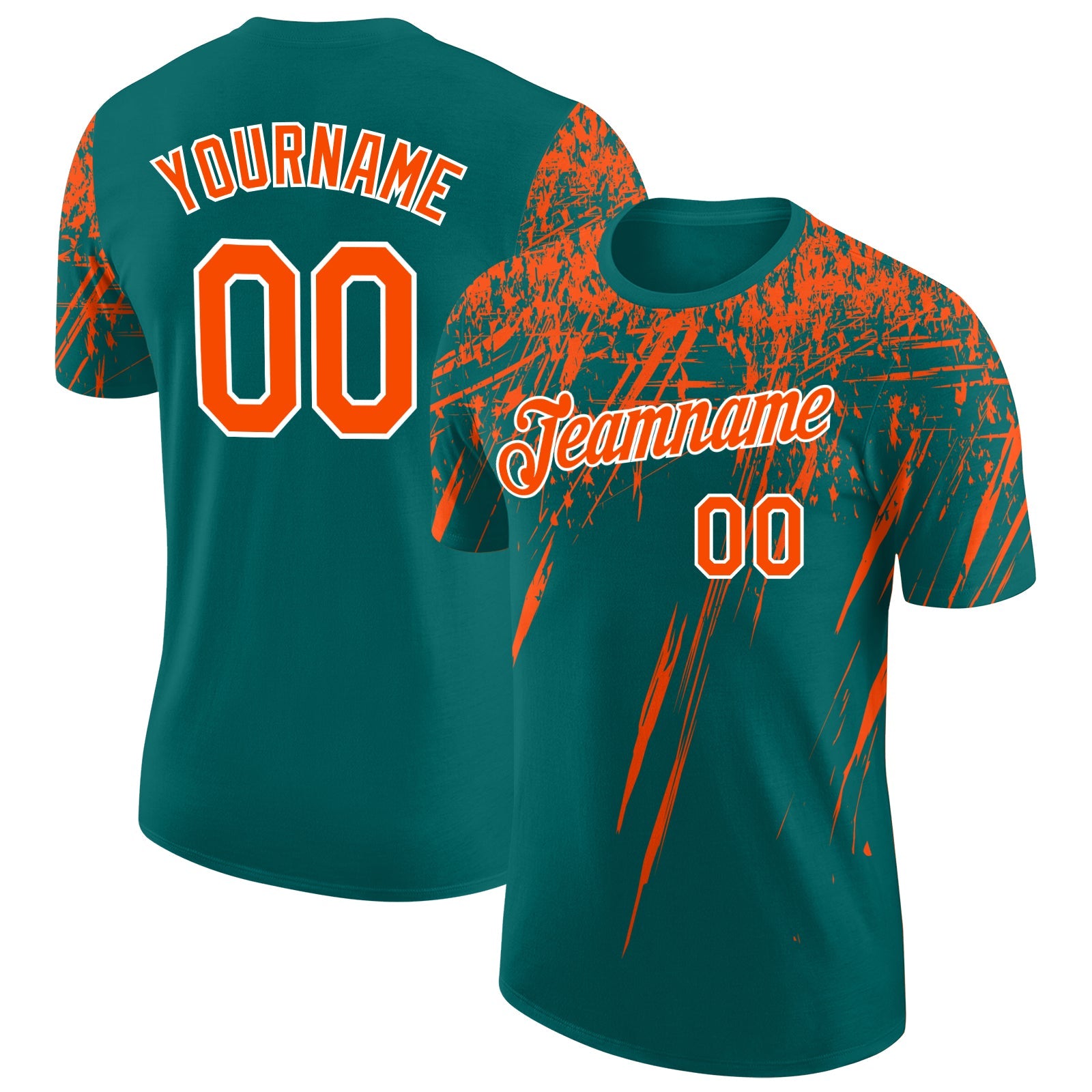 Custom Teal Orange-White Distressed Scratch Brush Stroke Performance T-Shirt - Main View