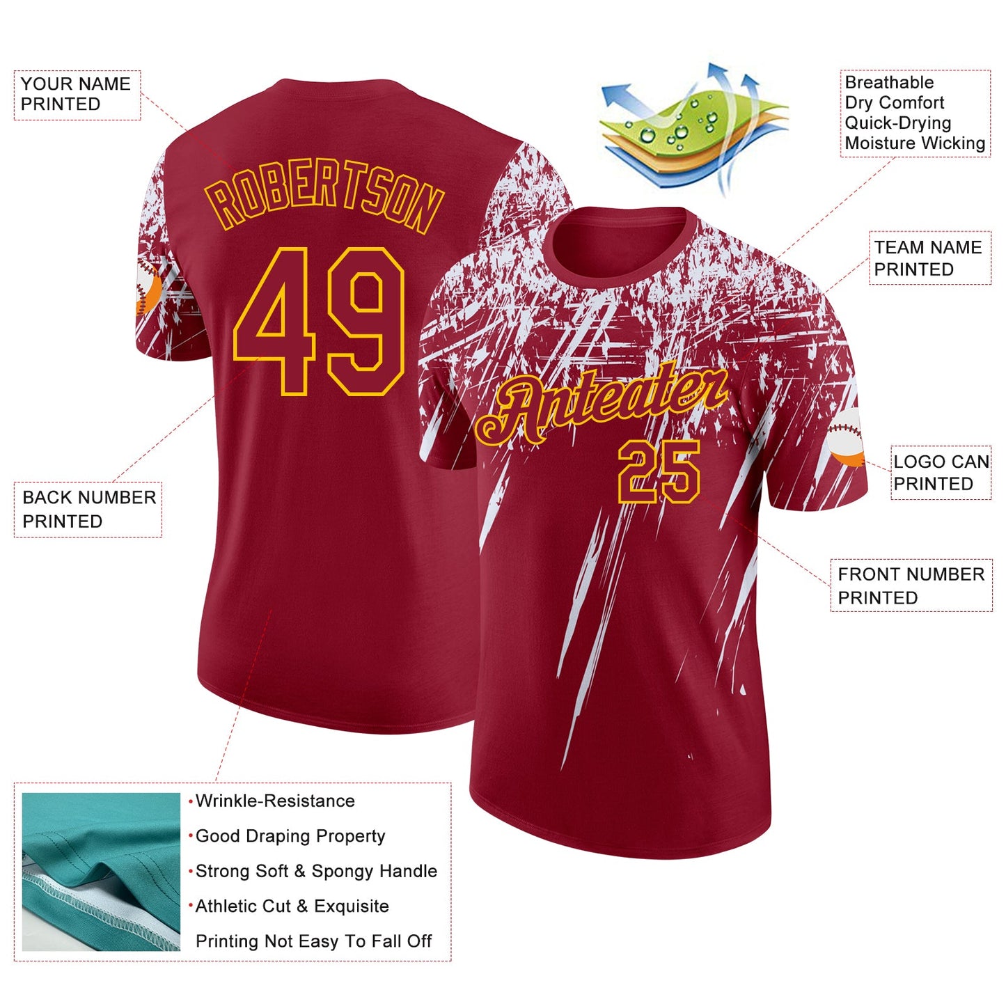 Custom Crimson White-Yellow Distressed Scratch Brush Stroke Performance T-Shirt view 2