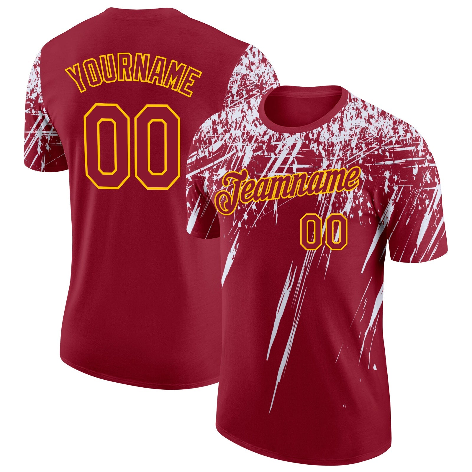 Custom Crimson White-Yellow Distressed Scratch Brush Stroke Performance T-Shirt - Main View
