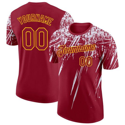 Custom Crimson White-Yellow Distressed Scratch Brush Stroke Performance T-Shirt - Main View