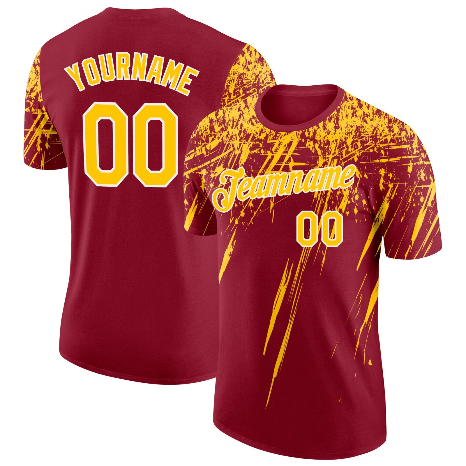 Custom Crimson Yellow-White Distressed Scratch Brush Stroke Performance T-Shirt - Main View