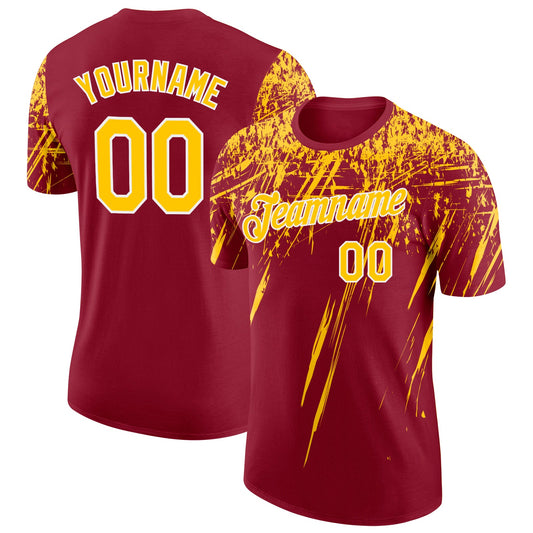Custom Crimson Yellow-White Distressed Scratch Brush Stroke Performance T-Shirt - Main View